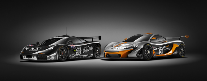 The McLaren P1 GTR side-by-side with its historical ancestor, the F1 GTR