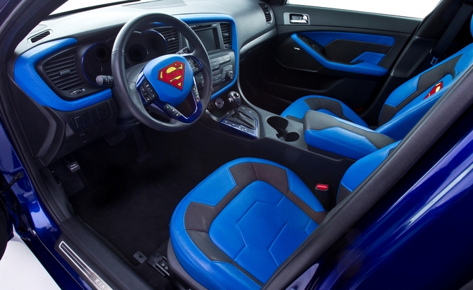 The interior gets custom leather seats with Superman logos