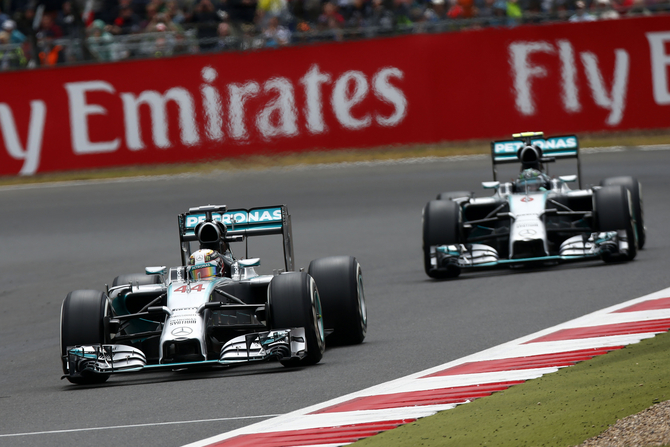 Both Mercedes were fighting for the win midway in the race Both Mercedes were fighting for the win midway in the race