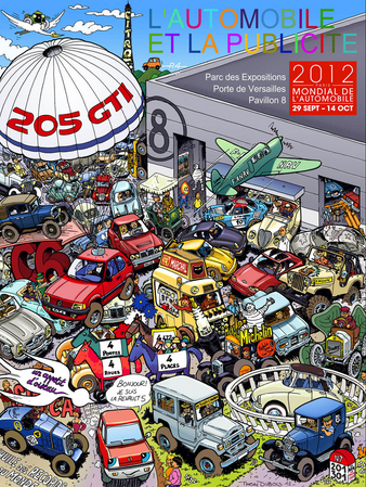 Affiche de l'exposition spéciale « L’Automobile et la Publicité » organisée par la FFVE au Mondial 2012 (Hall 8), dessinée par Thierry Dubois