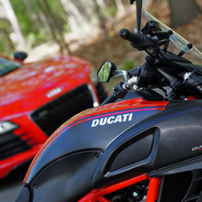 This image shows the Diavel more prominently with the R8 in the background