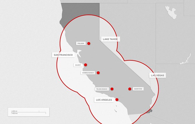 The map of the first six California charging stations 