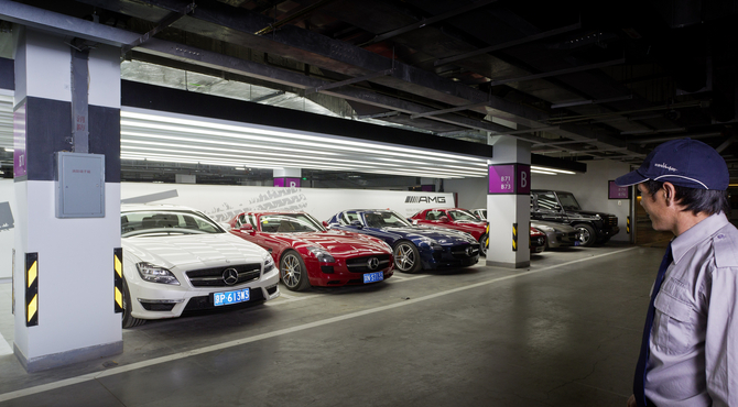 Cars are stored under the dealer for test drives or deliveries 